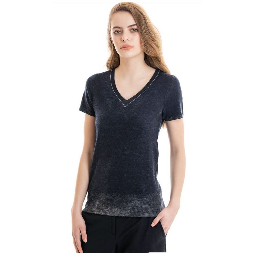 Paychi Guh 100% Worsted Mongolian Cashmere Printed V-Neck Tee Size Medium